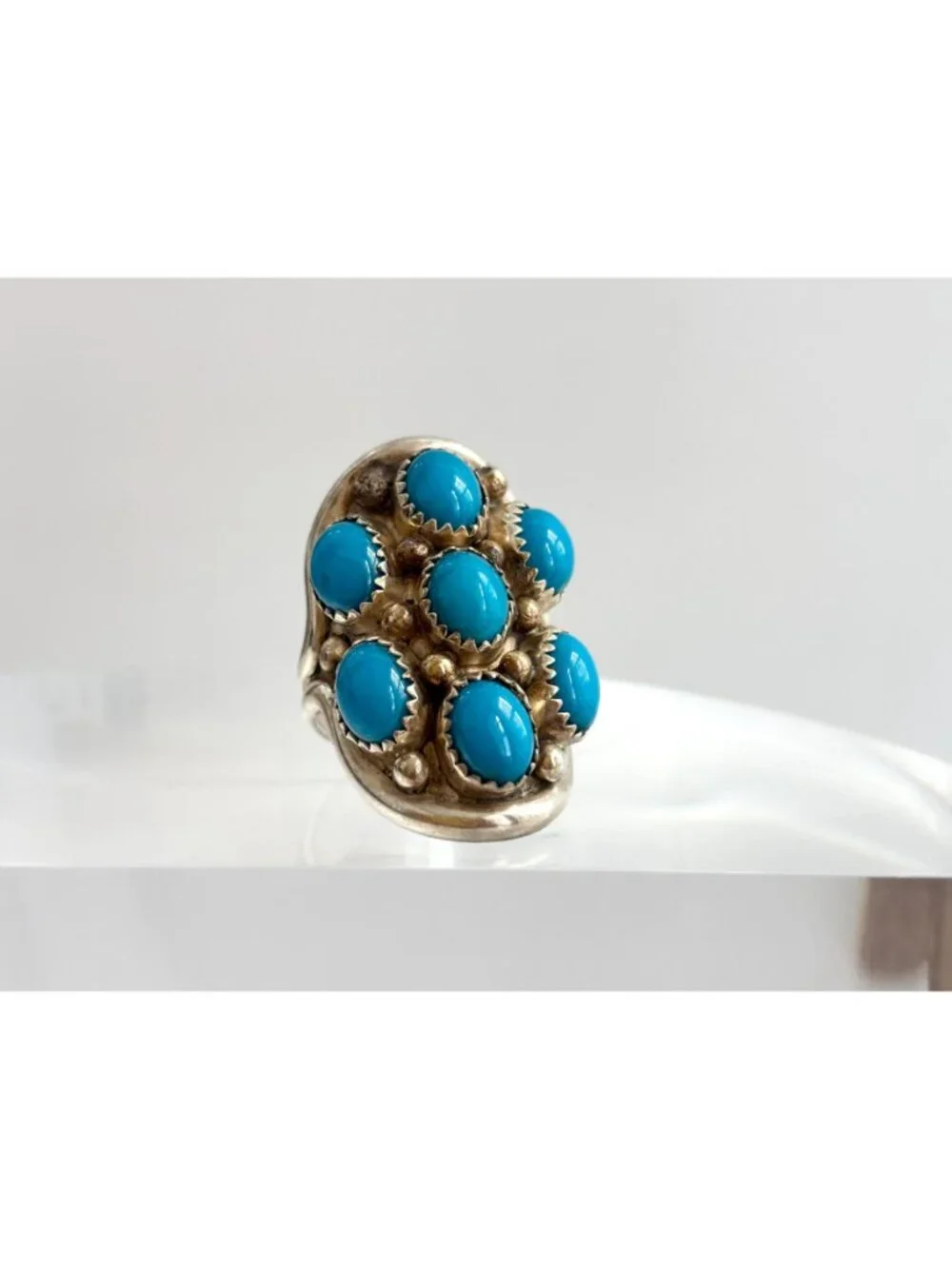 Navajo Sleeping Beauty Turquoise Cluster Sterling Silver 925 Vintage Ring - sz 8